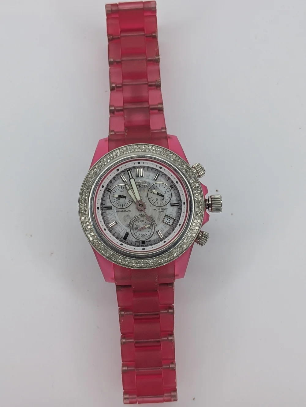 Invicta Chronograph Watch Swiss Movement Silicone Strap Diamond Bezel Pink 3121